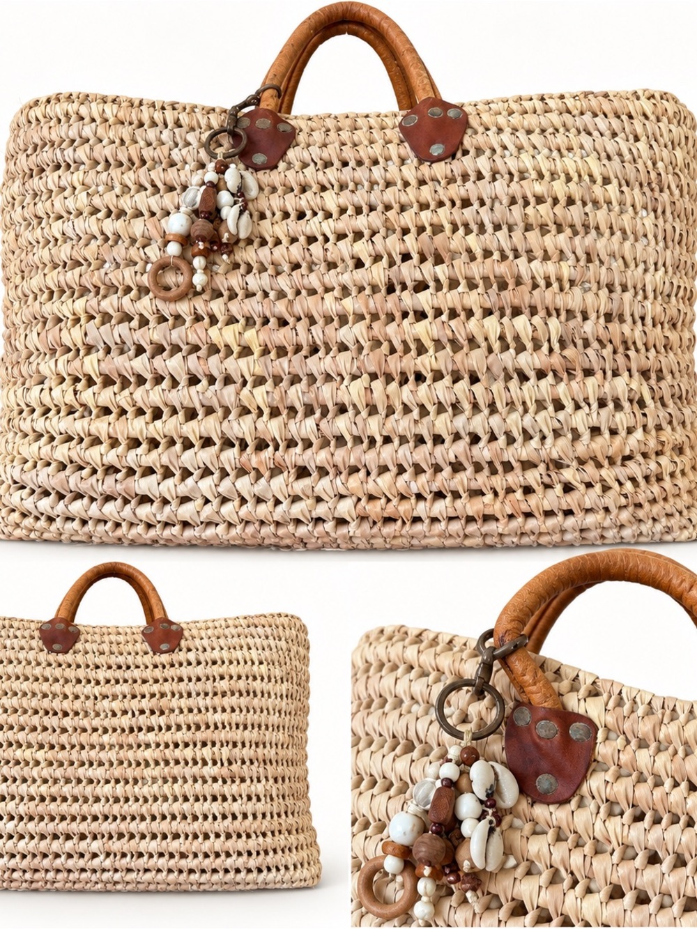 Unique Oversized Handwoven Raffia Basket Tote with Leather Handles & Shell Charm
